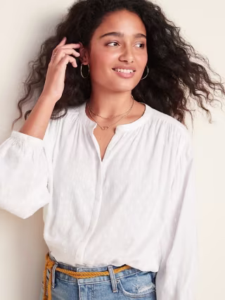 Textured Clip-Dot Smocked-Yoke Top for Women