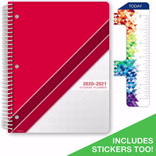 Dated Middle School or High School Student Planner for Academic Year 2020-2021 (Matrix Style - 8.5"x11" - Red Stripe Cover) - Bonus Ruler/Bookmark and Planning Stickers