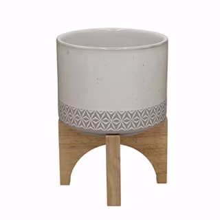 Rivet Mid-Century Stoneware Planter with Wood Stand