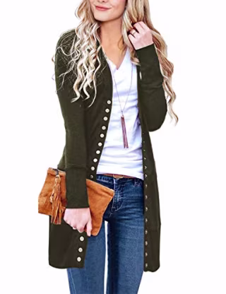 MEROKEETY Women's Long Sleeve Snap Button Down Solid Color Knit Ribbed Neckline Cardigans Army Green