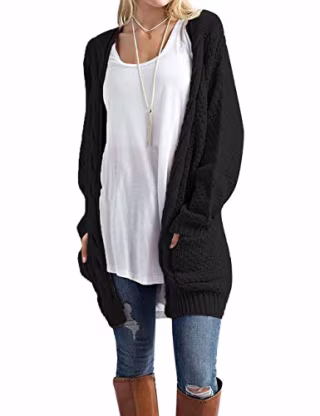 Traleubie Women's Loose Casual Long Sleeved Open Front Breathable Cardigans Sweater with Pocket Black M