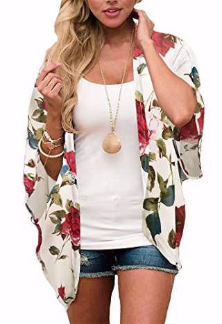 Kimono Cardigans for Women Floral Print 3/4 Sleeve Loose Cover Up Casual Blouse Tops (Beige,S)