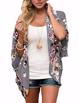Women's Chiffon Floral Kimono Cover Ups Tops Beach Lightweight Summer Cardigans Thin Sheer Boho 3/4 Sleeve Shirts Small Deep Gray