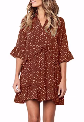 Mitilly Women's V-Neck Ruffle Swing Dress