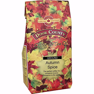 Door County Coffee, Fall Seasonal Flavored Coffee, Autumn Spice, Cinnamon Flavored Coffee, Medium Roast, Ground Coffee, 8 oz Bag
