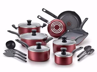 T-fal, Dishwasher Safe Cookware Set, 18 Piece, Red Initiatives Nonstick Inside