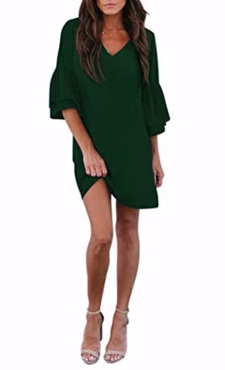 BELONGSCI Women's Dress Sweet & Cute V-Neck Bell Sleeve Shift Dress Mini Dress
