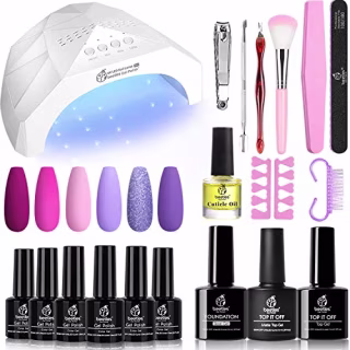 Beetles 6 Colors Gel Nail Polish Starter Kit with U V Light 48W LED Nail Lamp Base Gel Top Coat, Soak Off LED Gel Nail Polish Set Hot Pink Magenta Gel Manicure Kit Nail Art Designs DIY Home
