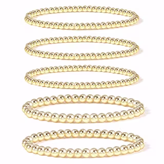 Gold Beaded Bracalets for Women,14K Gold Plated Bead Ball Bracelet Stretchable Elastic Bracelet(5 pcs Set Solid Bead Bracelet - Gold)