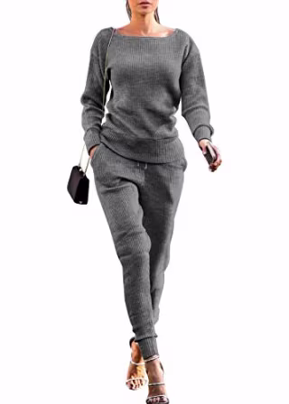 VNVNE Womens Fall Rib-Knit Pullover Sweater Top & Long Pants Set 2 Piece Outfits Tracksuit (Grey, S)