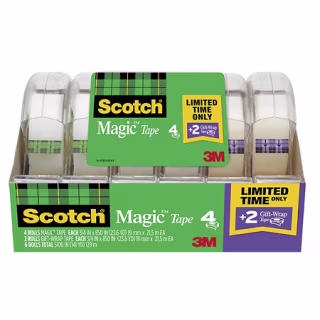 Scotch Magic Tape w/ Refillable Dispenser, 3/4 " x 850", 4 Pack + Bonus 2 Gift Wrap Tape