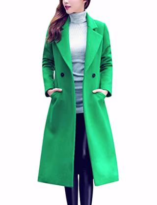 Tanming Women's Notch Lapel Double Breasted Wool Blend Mid Long Pea Trench Coat (Green, Large)