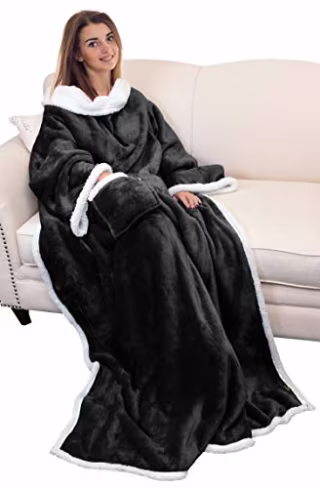Catalonia Sherpa Wearable Blanket with Sleeves Arms,Super Soft Warm Comfy Large Fleece Plush Sleeved TV Throws Wrap Robe Blanket for Adult Women and Men Black