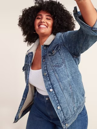 Sherpa-Lined Boyfriend Plus-Size Jean Jacket