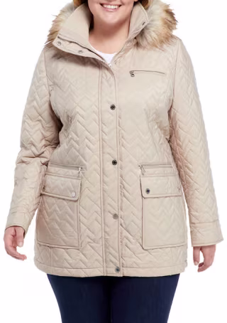 Calvin Klein Plus Size Faux Fur Trim Hood Quilted Jacket