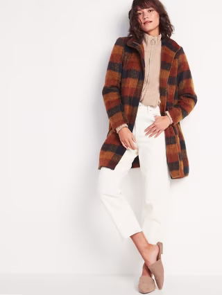 Oversized Soft-Brushed Plaid Funnel-Neck Coat for Women