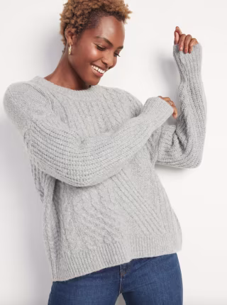 Cozy Cable-Knit Blouson-Sleeve Sweater