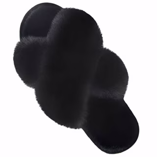Women's Cross Band Slippers Soft Plush Furry Breathable Open Toe House Shoes Indoor Outdoor Comfortable Faux Rabbit Fur Slip On Cozy for Girls Spring Summer Black 7-8