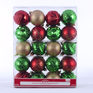 Holiday Time 40 Count Shatterproof Ornaments- Red, Green &amp; Gold