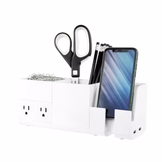 Bostitch Konnect Desk Organizer and Charging Station, 2 USB Ports & 2 Plugs, Charges Phones & Tablets, 4-Piece Design, White