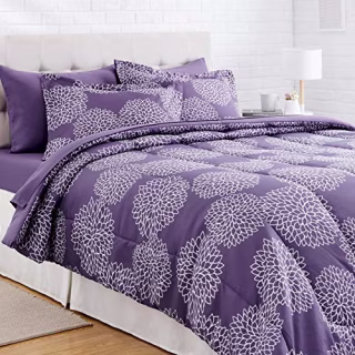 AmazonBasics 7-Piece Light-Weight Microfiber Bed-In-A-Bag Comforter Bedding Set - Full or Queen, Grey Leaf