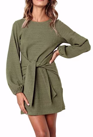 R.Vivimos Women's Autumn Winter Cotton Long Sleeves Elegant Knitted Bodycon Tie Waist Sweater Pencil Dress (Small,Army Green)
