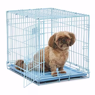 Blue Dog Crate | MidWest iCrate 24" Blue Folding Metal Dog Crate w/ Divider Panel, Floor Protecting Feet & Leak Proof Dog Tray | 24L x 18W x 19H Inches, Small Dog Breed
