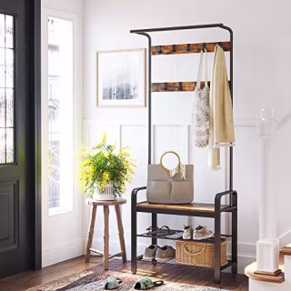 VASAGLE DAINTREE Coat Rack, Shoe Bench, Hall Tree with Storage Shelf for Entryway, Industrial Accent Furniture with Steel Frame, 3-in-1 Design, Easy Assembly, Rustic Brown and Black UHSR40B