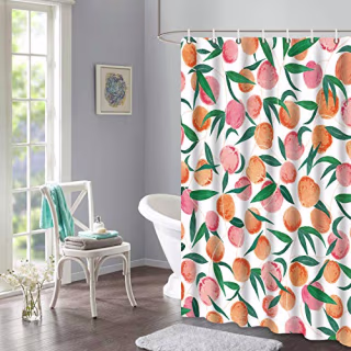 Lifeel Peach Shower Curtains, Allover Fruits Shower Curtain Cute Bright Colorful Design Waterproof Fabric Bathroom Shower Curtain Set with 12 Hooks, Peachy Pink 72"x72"