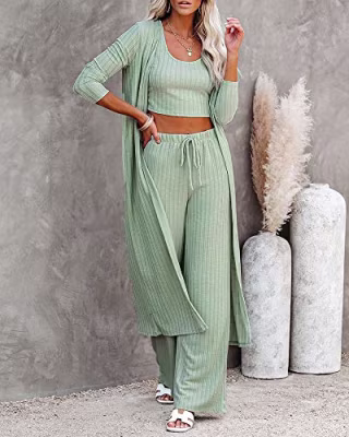 Womens Lounge Set Cute Tank Top Wide Pants and Kimono Coat Knit Jumpsuit Casual 3 Piece Outfit Light Green