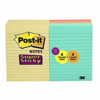 Post-it Super Sticky Notes, 4" x 6", Assorted Colors, 8 pads, 720 Total Sheets