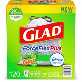 Glad ForceFlexPlus 13-Gallon Tall Kitchen Drawstring Trash Bags, Gain Original with Febreze Freshness (120 ct.)