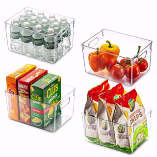 Set Of 4 Clear Pantry Organizer Bins Household Plastic Food Storage Basket with Cutout Handles for Kitchen, Countertops, Cabinets, Refrigerator, Freezer, Bedrooms, Bathrooms - 11" Wide