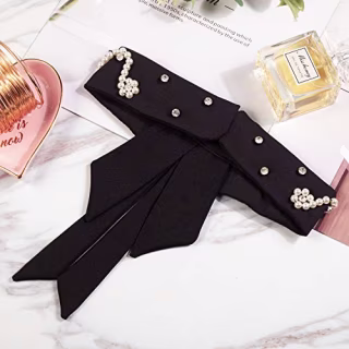 CHARMGIRL Women Girls Fake Collar Detachable Lapel Rhinestone Crystal Pearl Blouse False Collar Choker Neck Bow Tie (Black (Pearl))