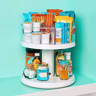 YouCopia 2-Tier Height Adjustable Crazy Susan Kitchen Cabinet Turntable and Spice Organizer w/Bins, One Size