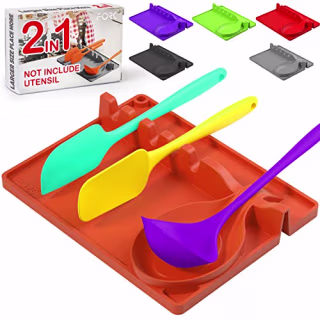 Forc Silicone Spoon Rest 2 in 1 Larger Size Silicone Spoon Holder for Stove Top, Upgraded Utensil Rest with Drip Pad Include 5 Slots & 1 Spoon Holder, Easy to Clean, Hang Hole Design, Orange