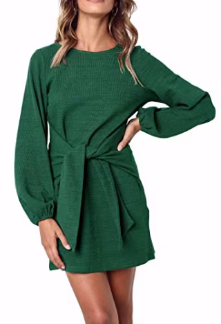 R.Vivimos Women's Autumn Winter Cotton Long Sleeves Elegant Knitted Bodycon Tie Waist Sweater Pencil Dress (Large, Green)