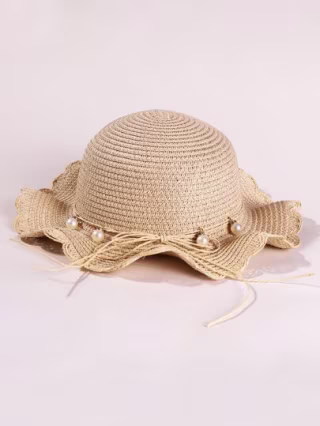 Faux Pearl and Rope Decor Straw Hat