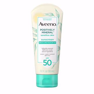 Aveeno Positively Mineral Sensitive Skin Daily Sunscreen Lotion with SPF 50 & 100% Zinc Oxide, Non-Greasy, Sweat- & Water-Resistant Sheer Sunscreen for Face & Body, Travel-Size, 3 fl. oz