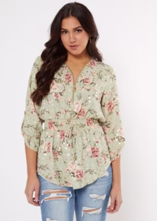 Green Foil Floral Print Smocked Waist Top