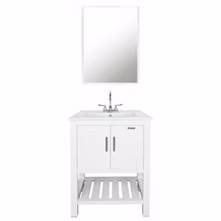 eclife 24" Bathroom Vanity Sink Combo W/Overflow White Drop in 3 Hole Ceramic Vessel Sink Top & White MDF Modern Bathroom Cabinet & Chrome Solid Brass Faucet and Pop Up Drain W/Mirror DC04T01B07W