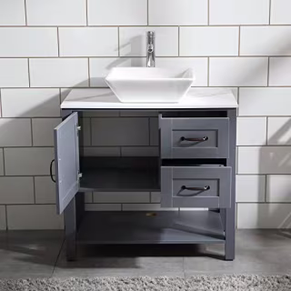 30" Gray Bathroom Vanity and Sink Combo Marble Pattern Top w/Mirror Faucet&Drain