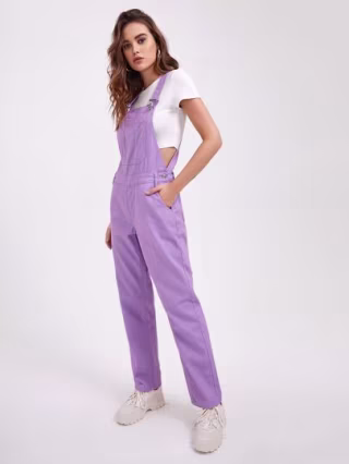 Solid Button Detail Denim Overalls