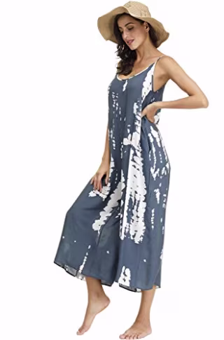 BUENOS NINOS Women's V Neck Floral Maxi Dress Boho Printed Adjustable Spaghetti Strap Ethnic Beach Long Dress with Pockets (S, Tie dye Jumpsuit)