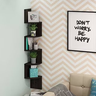 Espresso Wood 5-Shelf Corner Bookcase