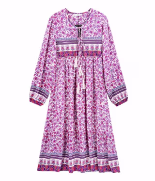 R.Vivimos Women's Long Sleeve Floral Print Retro V Neck Tassel Bohemian Midi Dresses (XS, PinkPurple)