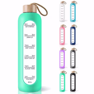 PROBTTL 32 Oz Borosilicate Glass Water Bottle with Time Marker Reminder Quotes, Leak Proof Reusable BPA Free Motivational Water Bottle with Silicone Sleeve and Bamboo Lid