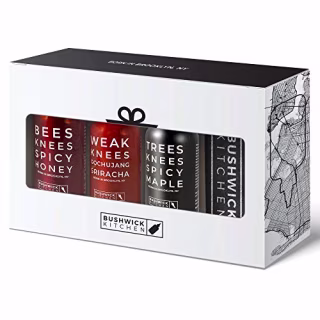 Bushwick Kitchen Spicy Sampler Gift Box, Set Includes our Gochujang Sriracha, Spicy Maple Syrup, and Spicy Honey, Hot Sauce Inspired Recipes, Bushwick Kitchen Tea Towel, and Ready-to-Gift Box