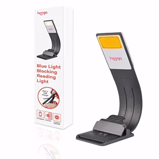 Book Light, Amber Rechargeable Clip-On Reading Light by Hooga. 1600K Warm LEDs for Reading in Bed. Blue Light Blocking. Built-in USB Charger, 4 Brightness Settings. Works with Kindles