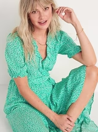 Waist-Defined Ruffled Tie-Belt Midi Wrap Dress for Women